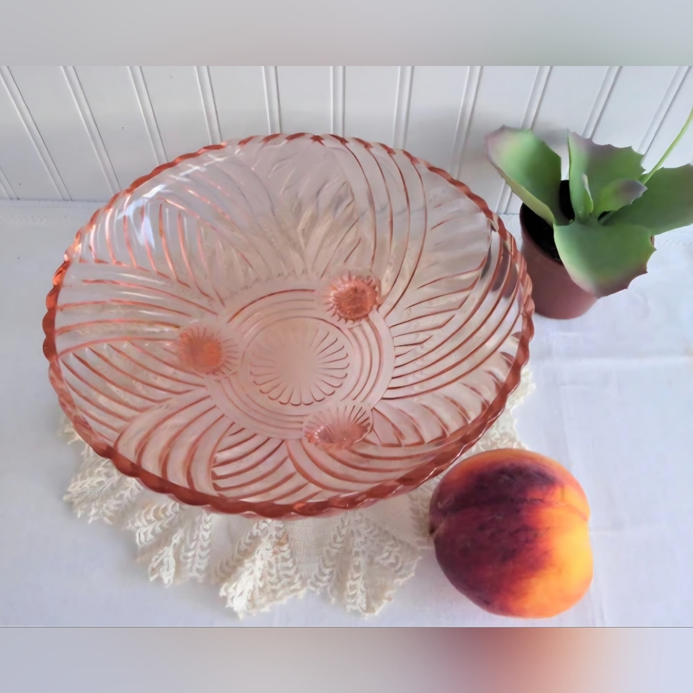 Pink Footed Bowl 1940s Large Anchor Hocking Prismatic Swirl Depression Glass